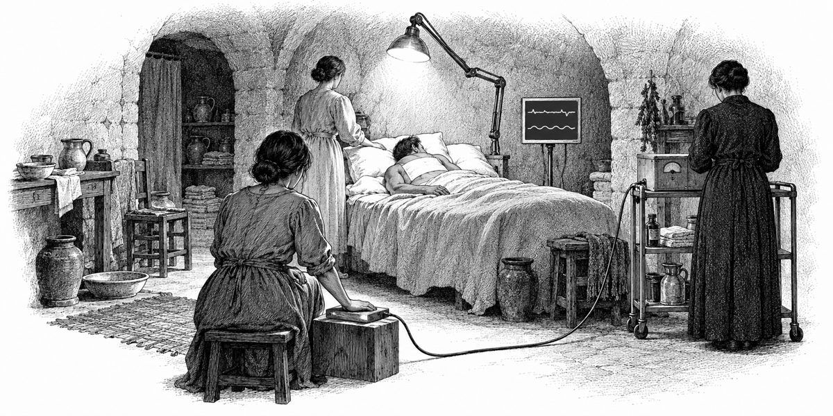 Interior of the underground care room under the hard white lamp: in the foreground a woman on a low stool with her palm flat on a copper plate set on a wooden block, seen from behind; beyond the bed a monitor showing two wavy lines; a woman