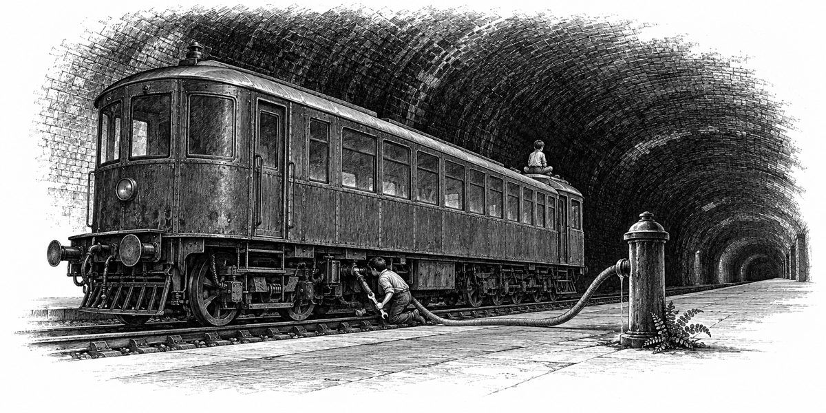 Low view along the flank of an old green railcar standing on the track bed beside a long platform: a hose running from the weeping hydrant on the platform to the car, where a boy kneels beside the water-tank filler under the car's floor bet