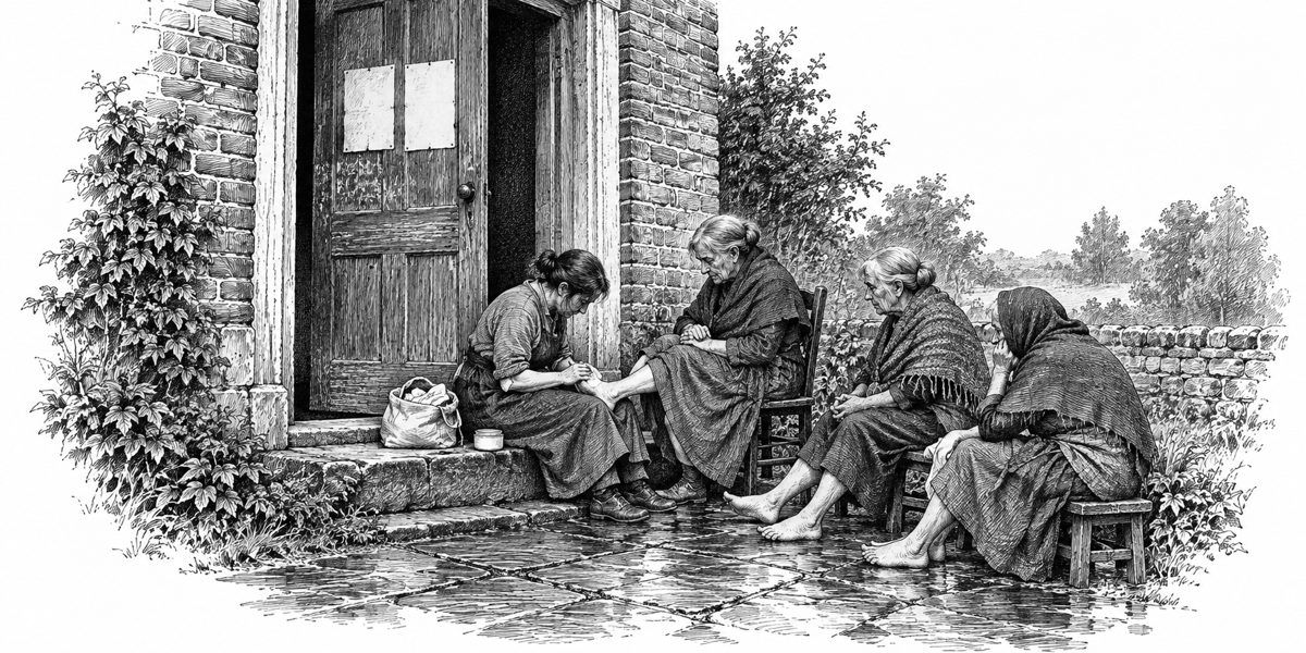 Eye-level view of the Anvil's side clinic door standing open at the top of one stone step: two white notice sheets pasted side by side on the door with a rough line of chalk beneath the left one; on the step a woman sits with an old woman's