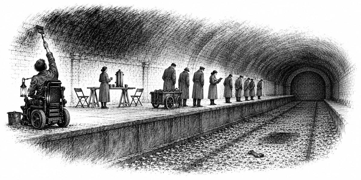 View along the platform from near the foot of the freight ramp toward the closed tunnel mouth at its far end: the track bed beside the platform empty, with two long lines of rust where wheels stood, a darker oblong where a drip tray stood a