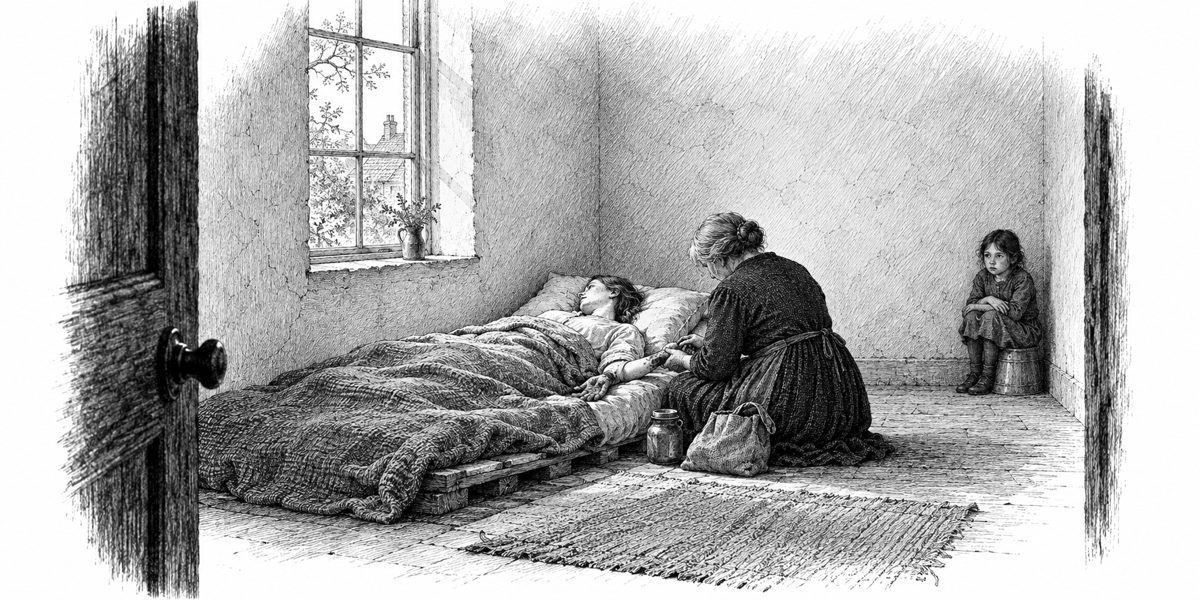 Interior of a small plain back room seen from the doorway: a low pallet under a window with a woman lying under a blanket, her copper-stained hands outside it and her head turned toward the window; an older woman seated on the floor beside 