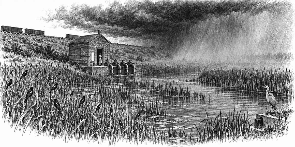 View along the bank of a long pond choked with tall reeds toward a low old brick pump house at its end with its door open, a woman standing small in the doorway with a hand on the frame; over the water a black sky off the bay and a gray wal