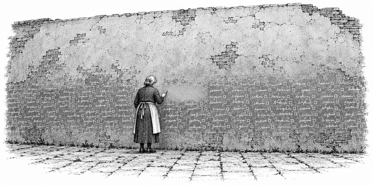 A long, plain, blank wall seen from a few steps back and low, its lower half crowded with short white chalk names in uneven rows, some followed by a small open square, faint ghosts of older letters under the new ones, and in the middle one 