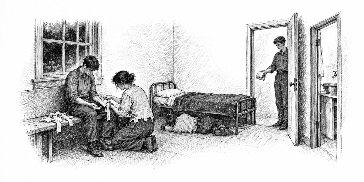 Interior of a plain small room at night: a young man seated on a bench under a window with both palms turned up on his knees; a woman close in front of him winding a strip of wet cloth around one palm, more torn strips in a pile on the benc