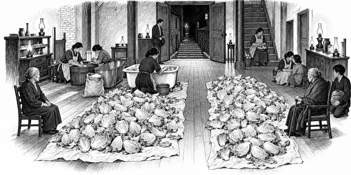 Interior of the long hall seen from one side wall by lamplight: heaps of split cabbage on sheets across the floor, tubs along one wall, and at the two ends of the hall two very old women in chairs facing each other down the length of the ca