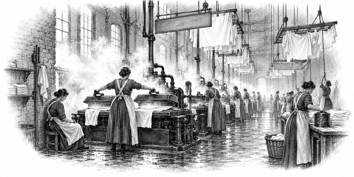 Long view down a steam-filled laundry room: a row of heavy presses down the middle with women in aprons at them, white shirts and sheets hanging from overhead wooden drying racks hoisted on ropes, a plain sign board over the press line with