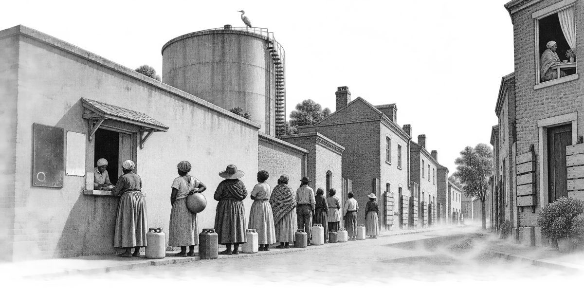 Street-level view along the front of the depot: a low plain wall with a small ration window, a chalked slate bolted beside it with a small half-rubbed skull in one corner, and a fresh white poster pasted next to the slate; a long line of pe