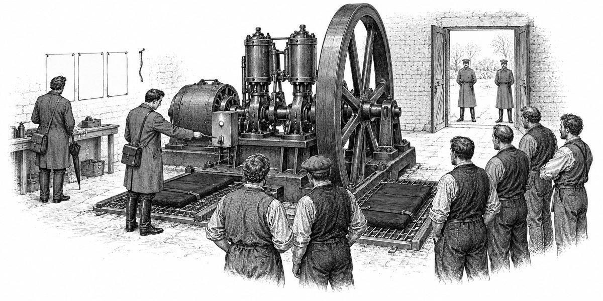 Interior of the pump floor from the machine toward the open doorway: the twin-cylinder pump with its flywheel, a small gray governor box with a blinking amber lamp bolted to the frame, and the switch beneath it with its handle at one positi