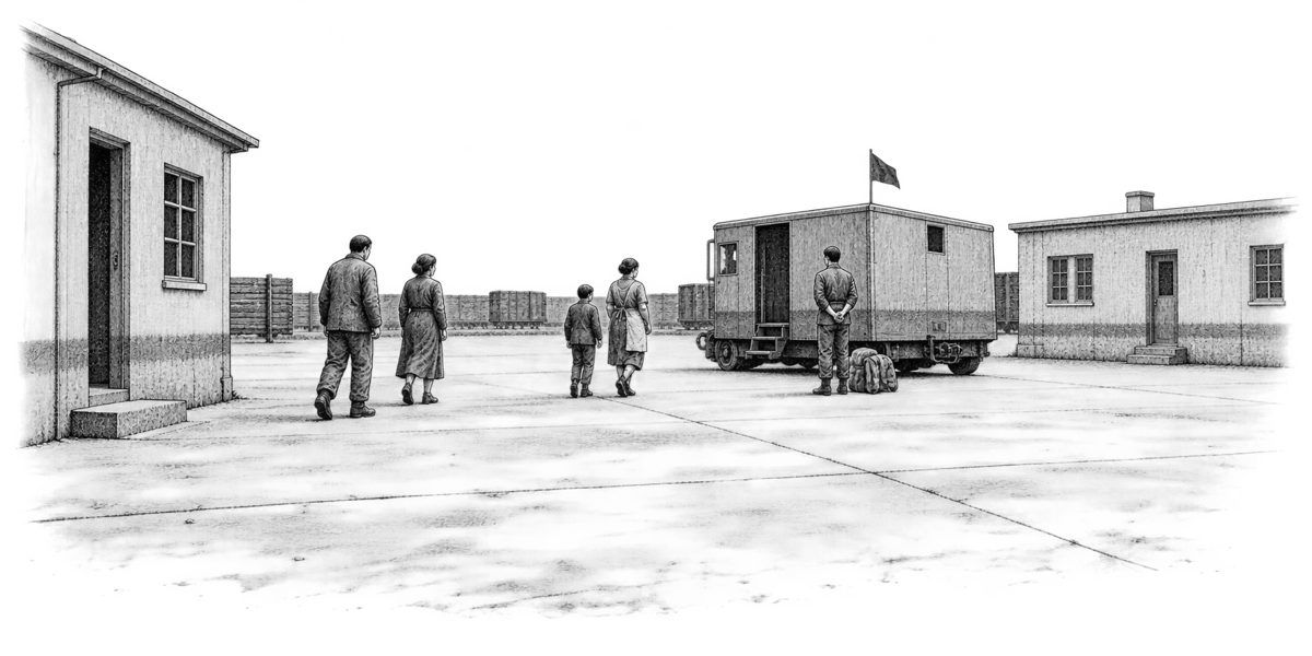 Wide, low view across a bare concrete yard apron: on the left a small plain yard office with one step at its door, and across the apron a low clinic building; on every wall, step and post a clean horizontal line of dried gray silt at shin h