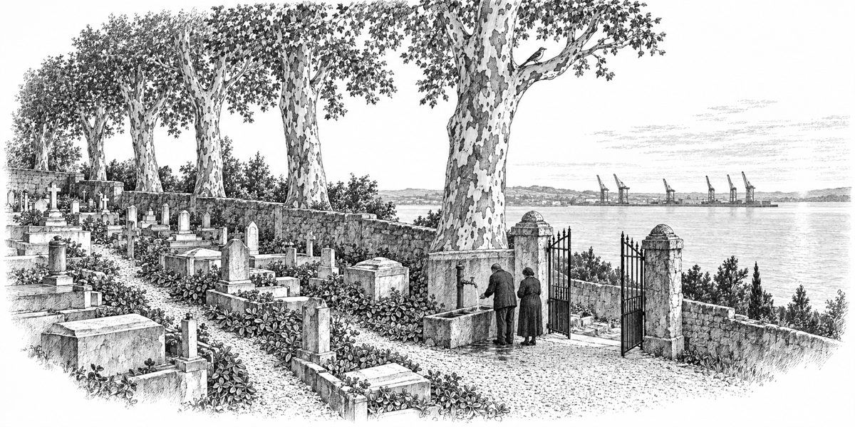 Ground-level view just inside the cemetery gate: a plain standpipe with a brass tap over a long stone trough, two mourners at the trough, one with both hands under the running tap; beyond them narrow paths of pale crushed oyster shell betwe