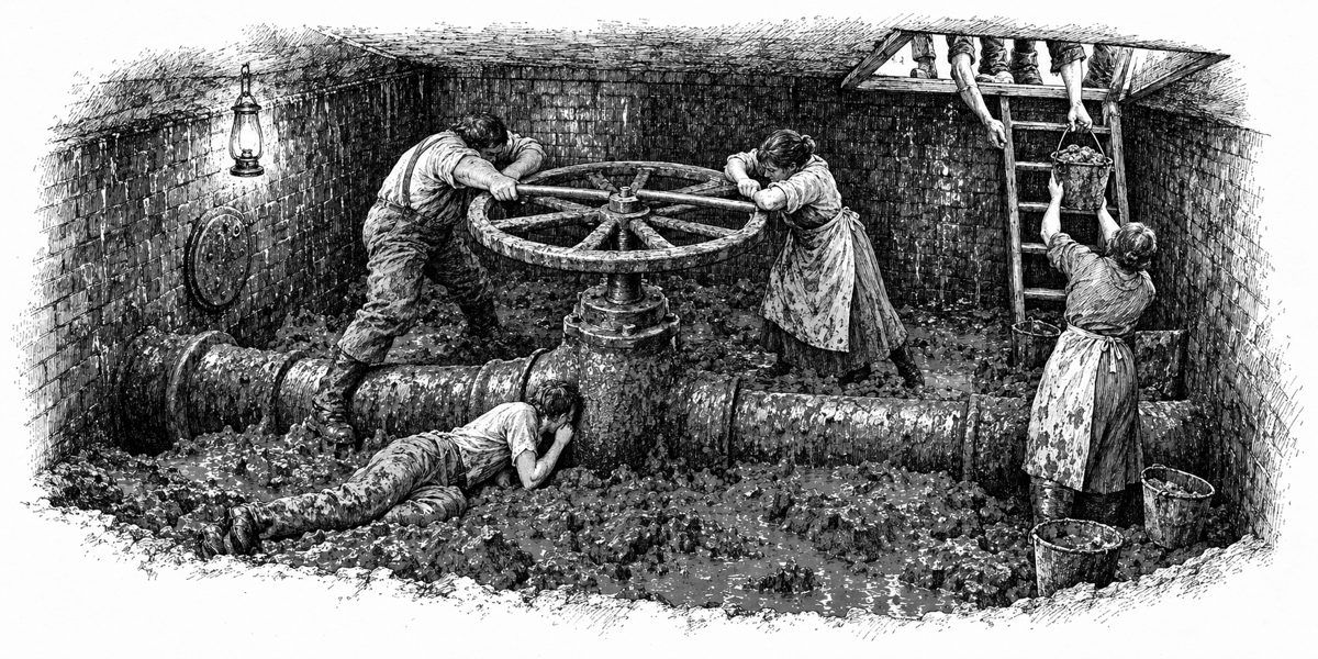 Inside the cramped brick chamber, lamplit, looking toward the old gate valve with its wheel as wide as a cart's: a thin young man lying on his side in the mud with his ear against the valve body, two people heaving on the wheel with a pipe 