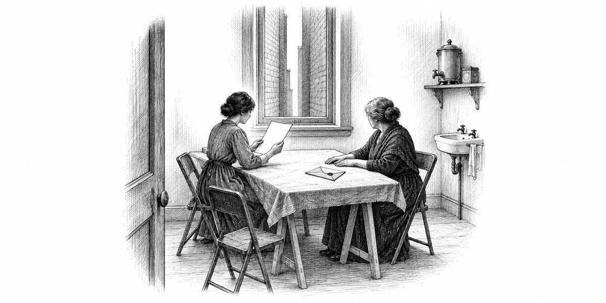 Interior of a small plain room seen from the doorway: under a window that opens onto a narrow dim shaft between two towers stands a table made from a door laid on two trestles, covered with oilcloth, folding chairs around it; two women at t