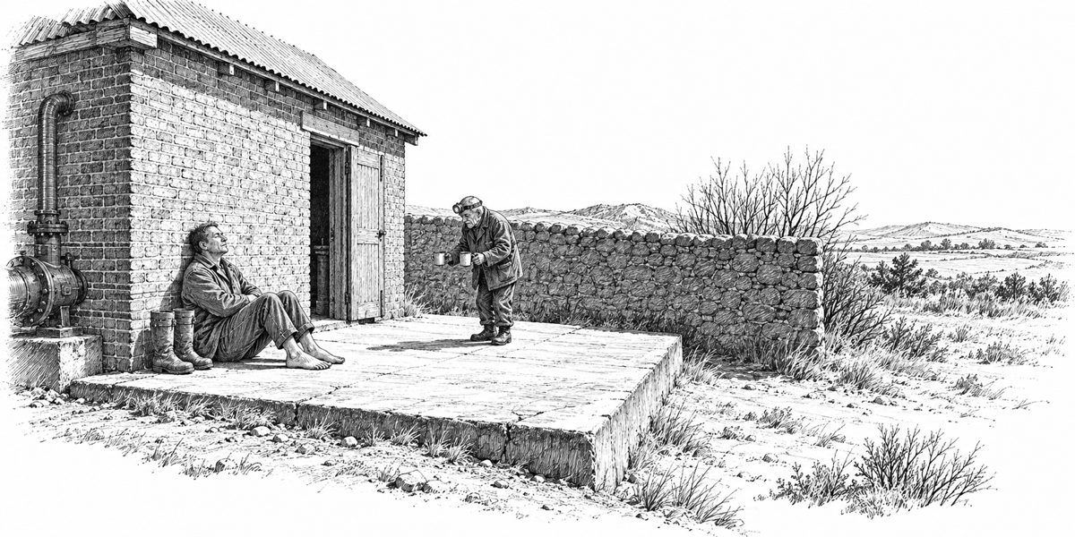 A man in a gray coat sits on the sun-warmed edge of the concrete apron with his back against brick, his tall sealed boots beside him and his bare feet flat on the concrete, eyes closed. Three paces away a small bent old man with a lamp band