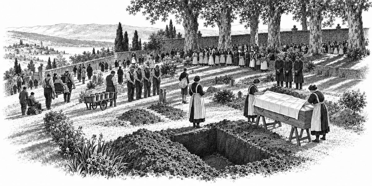Looking across an open grave toward the upper wall of a hillside cemetery: a plain pine box with rope handles on trestles beside the grave under a white sheet whose sharp creases stand up in a grid; a woman in an apron standing at the head 