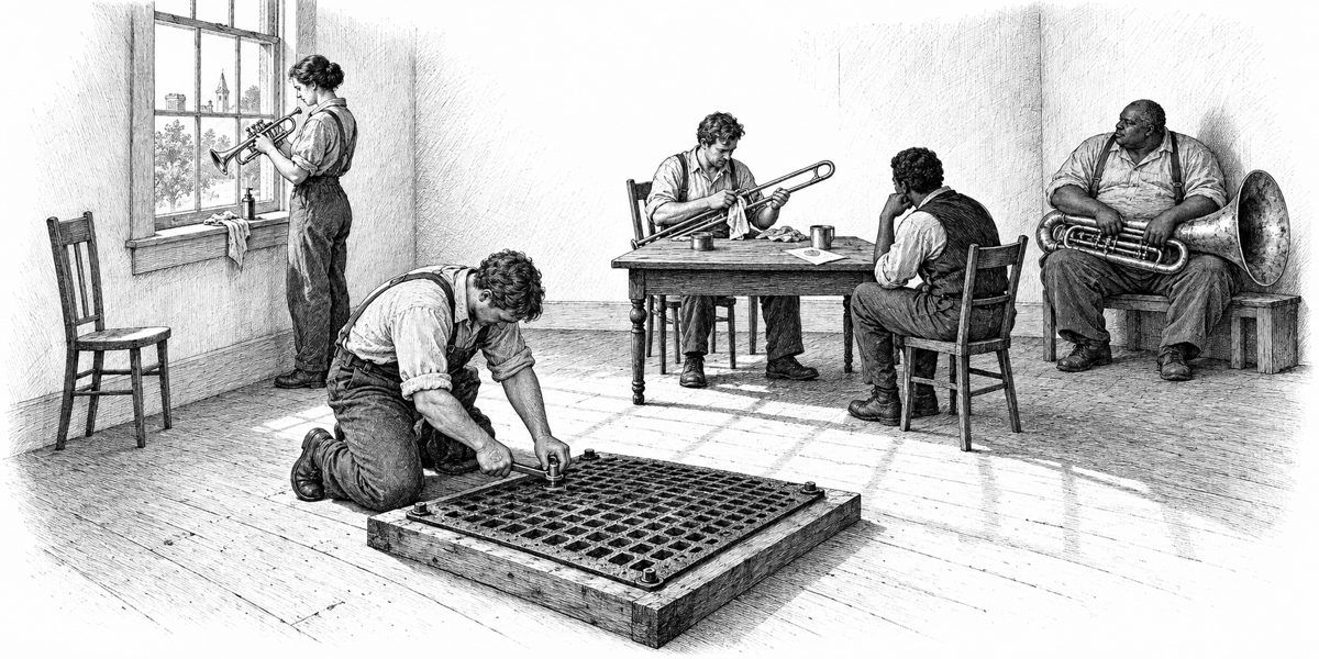 Interior of the plain upstairs band room in flat noon light: in the middle of the floor a man kneels with a spanner over a square of black, pitted iron grating, bolting it to a pale wooden board; at the window a woman oils the valves of a t