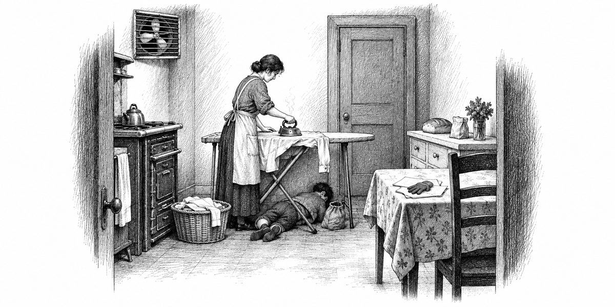 Interior of a small plain kitchen at night, seen from the doorway: on the left an old stove with a louvered fan grille high above it, its blades turning; in the middle an ironing board set up with a woman in an apron standing at it pressing