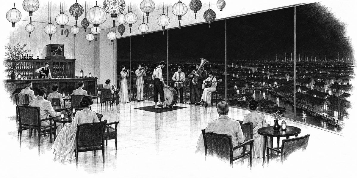 Wide interior view across the Lantern Room from the bar side toward the long glass wall: low tables of guests in the middle distance, paper lanterns overhead, and in the corner by the glass the six-piece band with a barefoot drummer standin