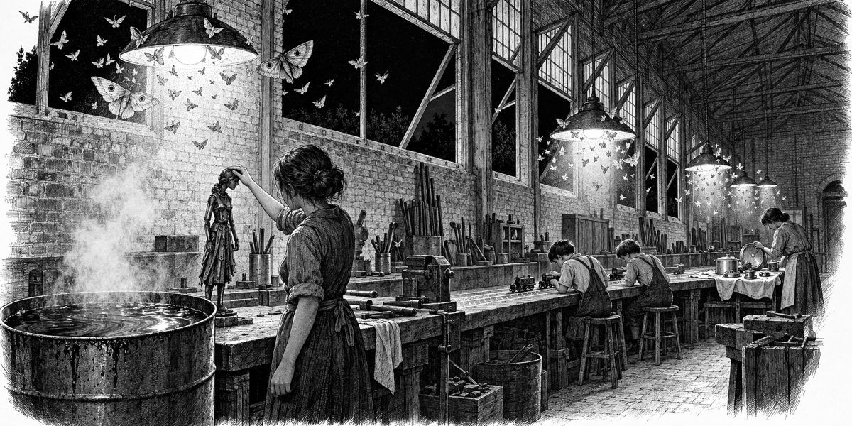 Night view along the forge end of a long brick workshop hall: in the foreground the quench tank, a steel drum cut down to waist height full of black water with an oily rainbow skin and a puff of steam rising from it; on the bench end beside
