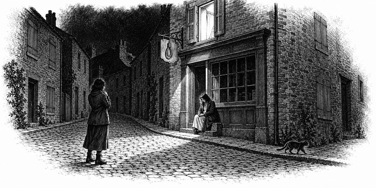 A dark street corner at night with one open, lit window above a ground-floor rope shop; a hanging shop sign on its bracket; a woman seated on the shop step in a coat, another standing in the lane a few paces off with one hand at her throat,