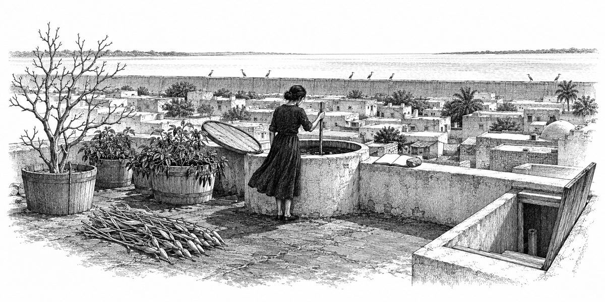 Low view across the Anvil's roof: in the foreground a woman at the wide, low roof cistern with its lid open, lowering a marked wooden stick into it; the ledger open on the parapet beside her under a stone; half-barrels of pepper plants, a t