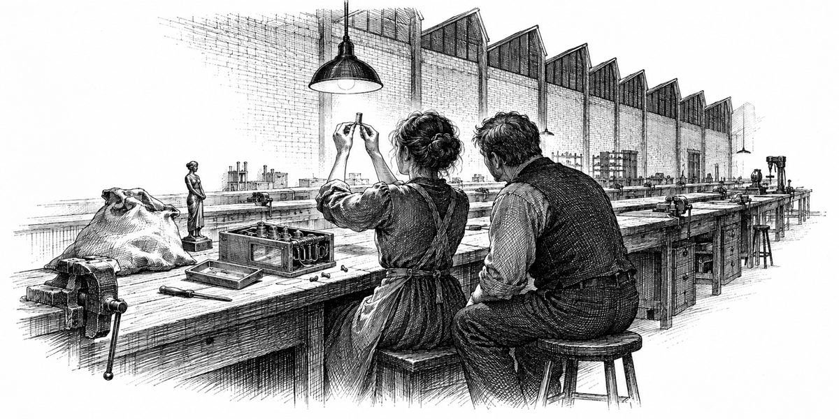 Close view of the end of a long work bench at night under a single lamp: a plain sack lying beside a small bent-metal figure of a woman with her hands empty; a gray steel box the size of a brick with a small cloudy glass window on one side,