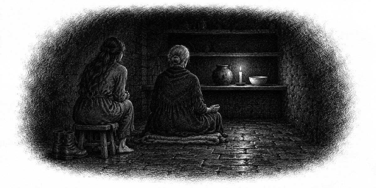 The low brick room seen from just inside the doorway: the candle on the lower shelf beside a round-bellied clay jar with a black bloom on one side and a white bowl of water; two women seen from behind, one sitting straight on a folded blank