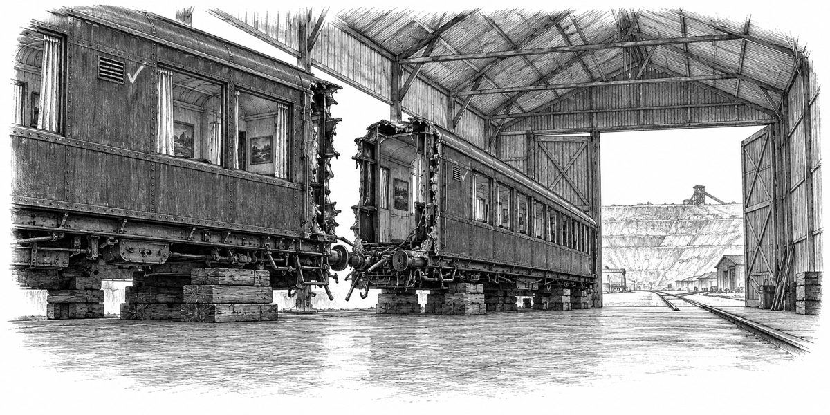 Interior of a long plain repair shed seen from one end at floor level: a long old green railcar lying in two halves on stacks of timber blocks on the bare shed floor, the broken ends a meter apart with the torn steel of the underframe showi