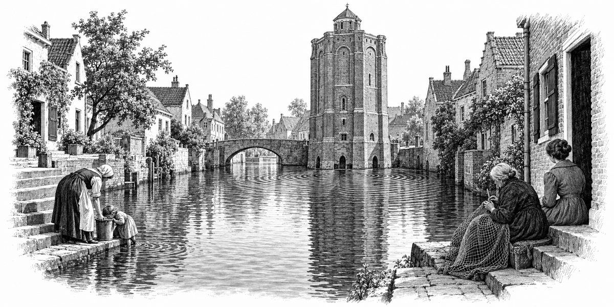 Wide view up a narrow brown canal toward the pump's brick tower at its head, with fine rings spreading across the water from the tower walls; at lower left the canal steps with a woman filling a bucket and a child drinking from its rim; at 