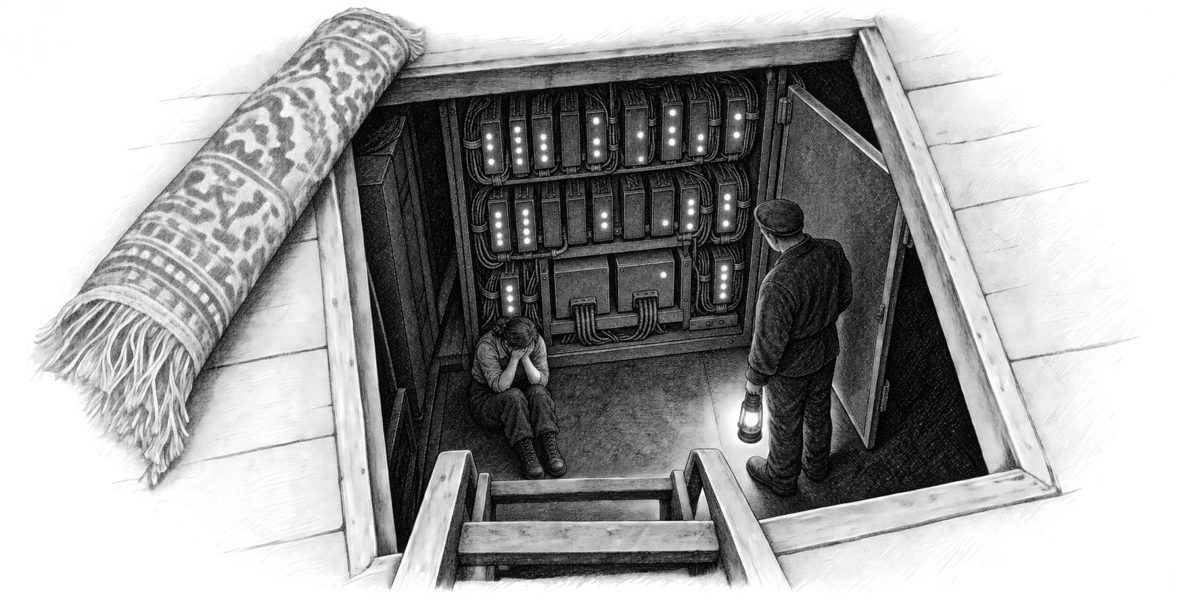 View down through a square hatch in the floor of a railcar, a rug rolled back beside it and a short ladder leading down into a dim cramped space under the car: at the bottom a steel cabinet the size of a wardrobe with its hinged door open; 