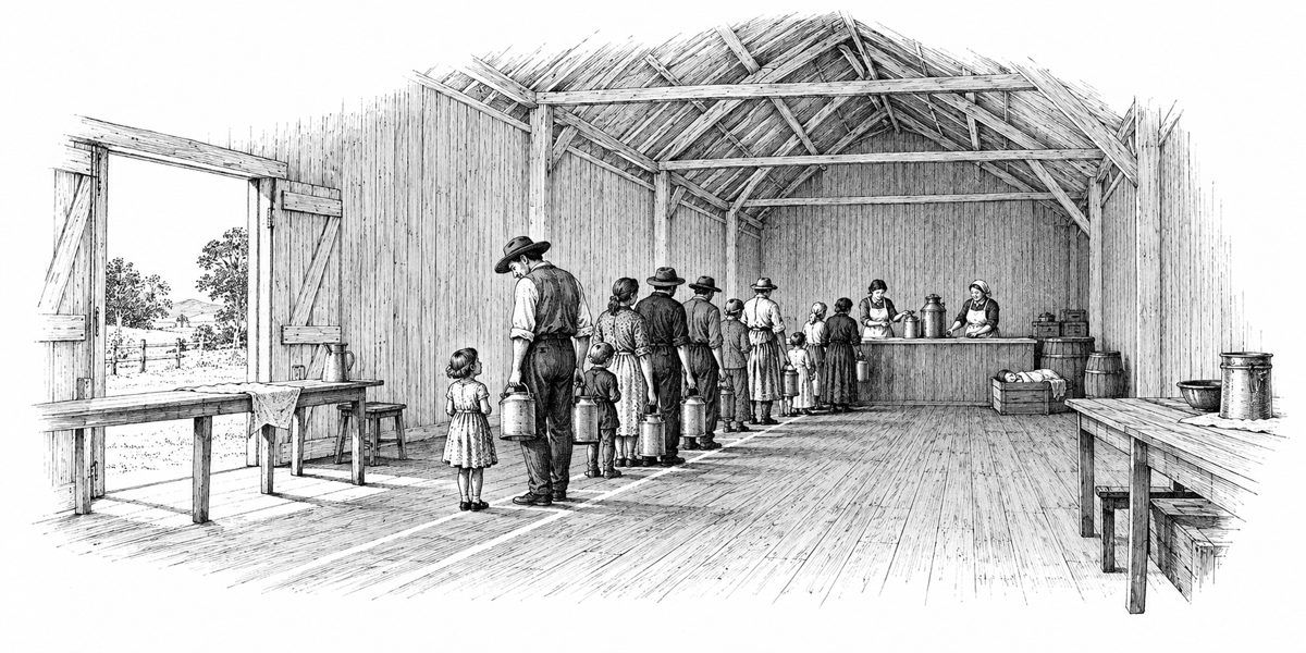Interior of a long plain hall seen from the door end along a clear lane marked in chalk on the bare floorboards, two tables pushed aside to make the lane from the door to a counter along the back; a queue of adults waiting along the lane, m