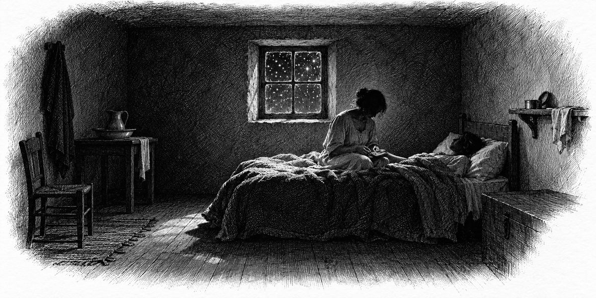 A small, cold room under the roof in starlight: a narrow bed with two blankets under the one small window of old glass; one woman sitting up in a plain shift with the other's open right hand across her knee, her thumbs working grease into t