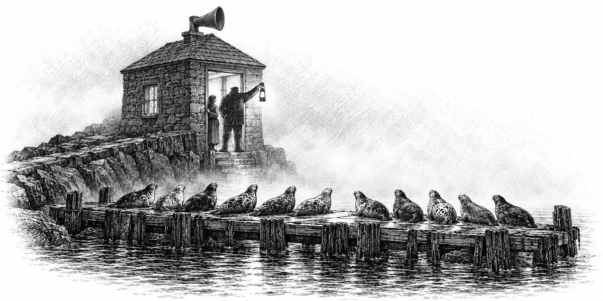 Foggy harbor night seen from the seaward side of a low stone hut at the end of a breakwater: the hut no bigger than a kitchen, a short horn on its roof, its seaward door open and glowing with lamplight and a stove's glow inside; in the door