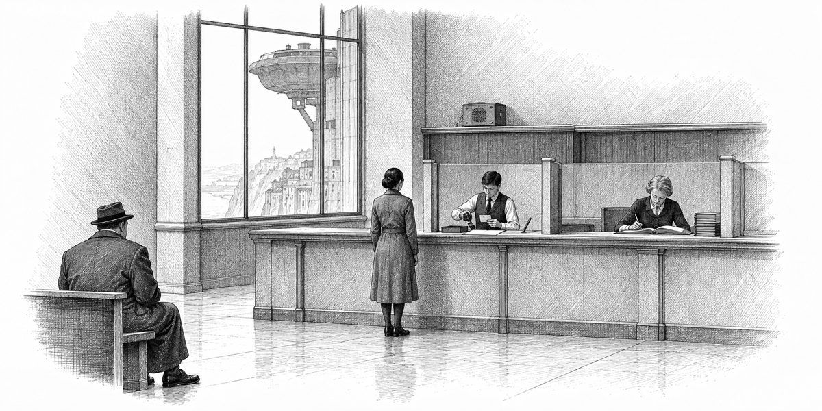 Interior of a quiet Counter office: a long counter with two clerk windows, the near clerk punching the corner off a brass-rimmed card, a woman standing at the counter seen from behind, a tone box on a high shelf, and through a tall window a