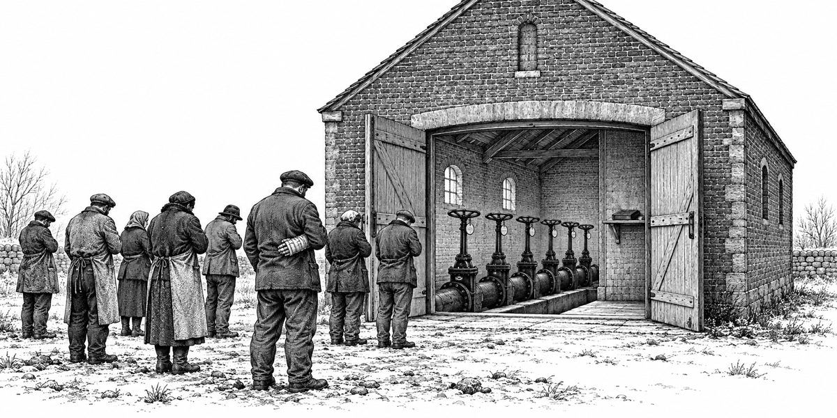 Low outside view of a squat brick hut about the size of a chapel with its door open: through the doorway an iron-lined trench with the old main lying in it and six gate valves standing up from it on tall stems like iron trees, each with a w