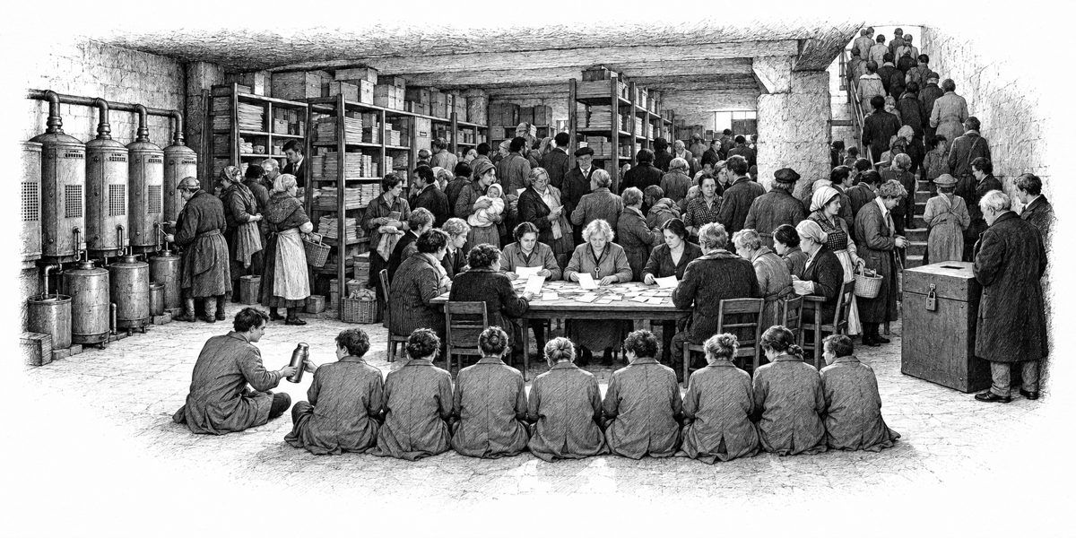 Interior of a plain basement archive packed with people: along one wall a row of old dehumidifiers, each with a steel tank at its base, gurgling; shelves behind; in the front row on the bare floor nine people in identical gray coats sitting