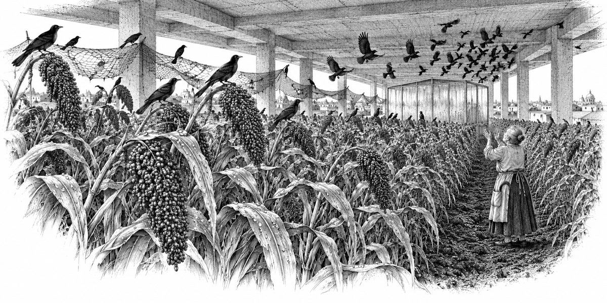 Low view across the terrace rows between concrete pillars: tall sorghum with heavy bronze and brick-red heads bent over, nets strung over the best rows, black grackles thick along the tops and sitting on the nets, one flock lifting in a bla