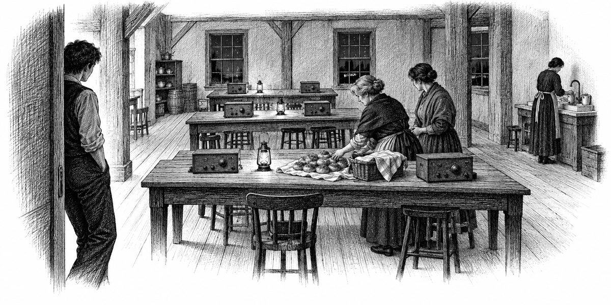 Interior of a long upper-floor room in an old mill in the evening, seen from the doorway: long plain tables set with small plain receiver units, none of them a wall clock; on the nearest long table, between two of the receivers, a dozen alm