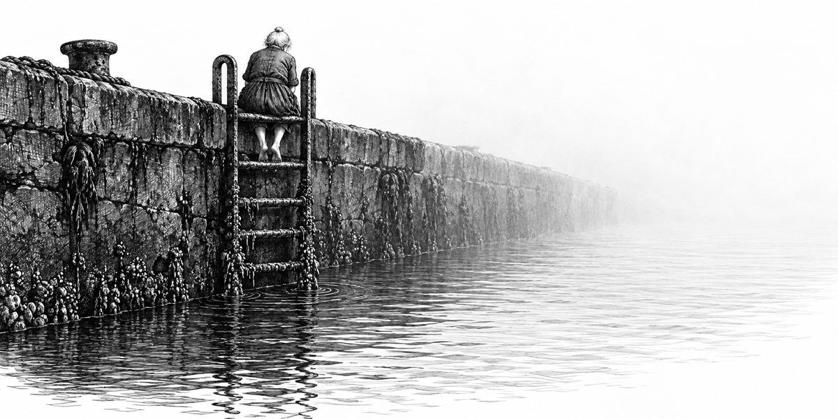 View from the wharf edge looking straight down the face of an old iron ladder that descends into gray harbor water in thick fog: rungs worn silver along their tops and black underneath, furred with weed, barnacle and small mussels below the