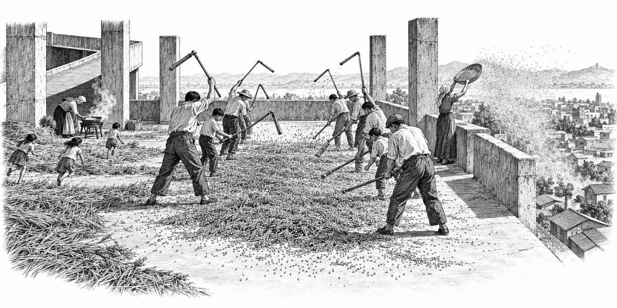 View across the swept concrete floor at the ramp head: a hand-deep layer of cut sorghum heads, two facing lines of men and boys swinging flails over it, grain bouncing like hail. Beyond them at the low parapet a woman tosses grain and husks
