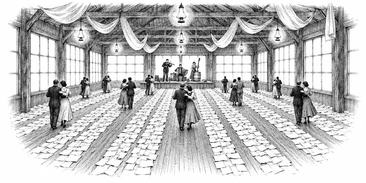 Interior of a long dance floor built on the end of a wharf, at night in fog, seen from the door end: bare oak boards covered in long straight rows of opened letters lying in their rows like a field of snow, with narrow aisles between the ro