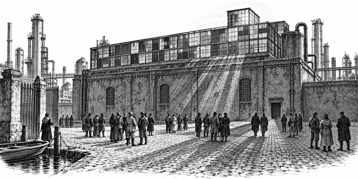 Looking up from the refinery yard at the old refinery building, and on its roof a long two-story house made entirely of reject glass in clear, red and smoky brown panes set in iron frames, with a glass room on top blazing in the sun and lay