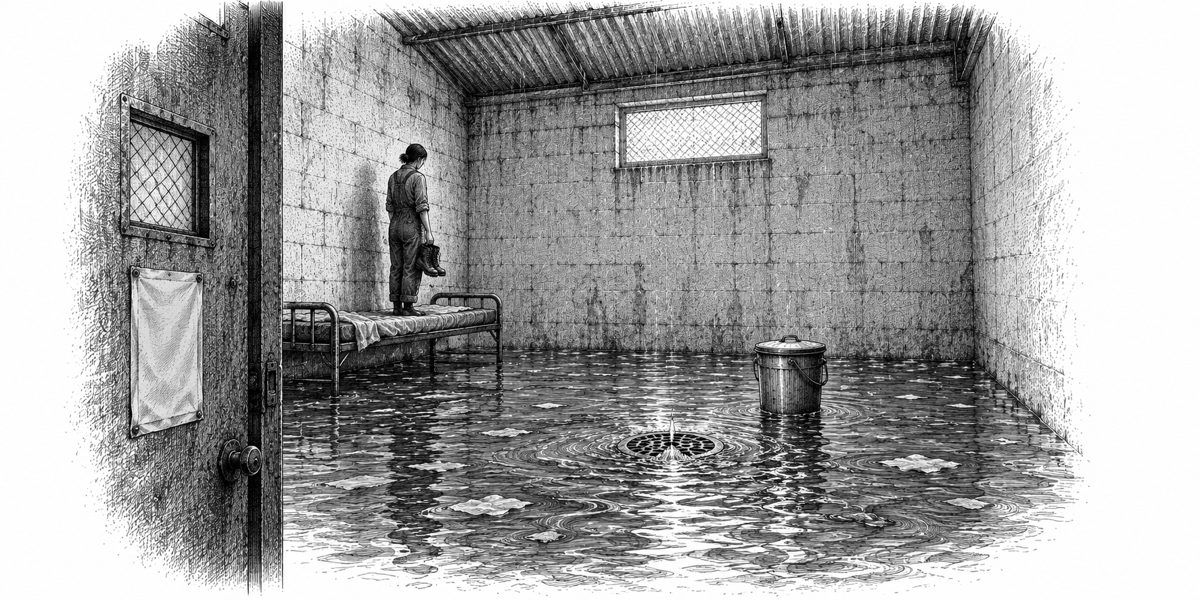 Interior of a bare concrete room that was once a wash bay, seen from the doorway end in gray light: a narrow cot against one wall with a woman in work clothes standing on it, holding her boots in one hand, small and still; in the middle of 