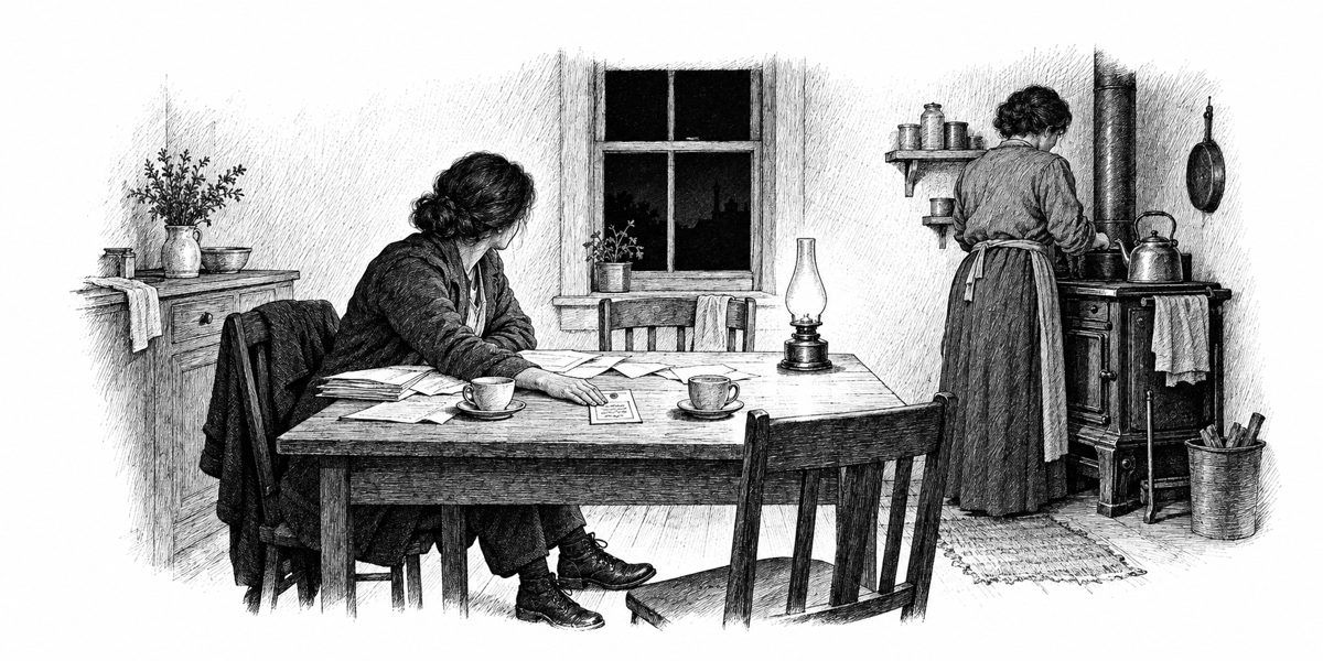 Interior of a small plain kitchen at night, seen across the table: a woman seated at the table still in her outdoor shoes, papers spread out in front of her, her palm flat on a printed card lying between two teacups; the card has a round se