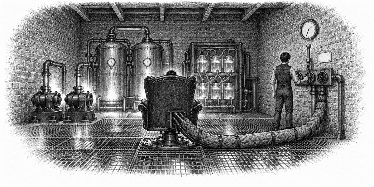 Along the length of the brick room, across the iron grating floor toward the manifold wall: in the foreground the back of a great upholstered chair on a steel base, a very small seated figure barely showing over its top; a thick bundle of p