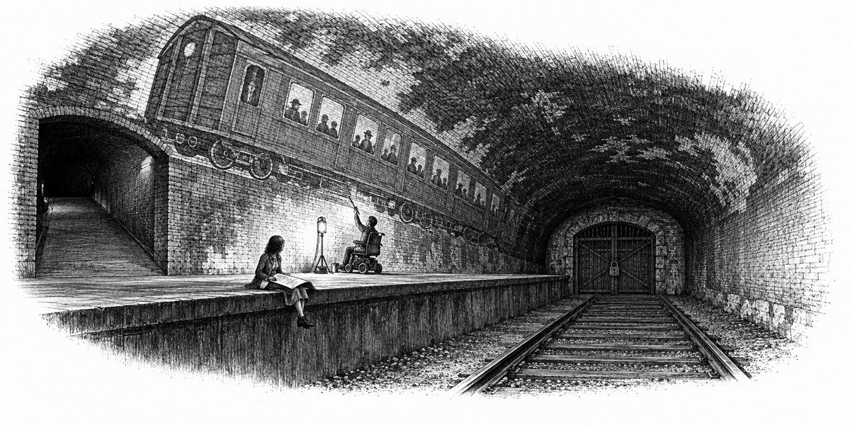 Long low view along an underground platform at night under a vaulted brick ceiling, black with soot and patched white: an empty track bed beside the platform; across half of the vault overhead a huge painted green railcar with tiny painted 