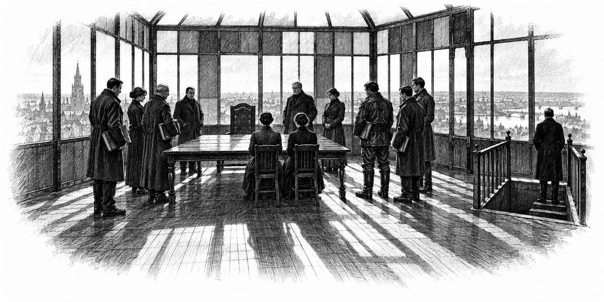 Interior of the glass room looking along a long wooden table: red and clear panes all round, sun laying blood-colored light across the table and floor; at the head of the table one heavy chair, empty; along the side two plain wooden chairs 