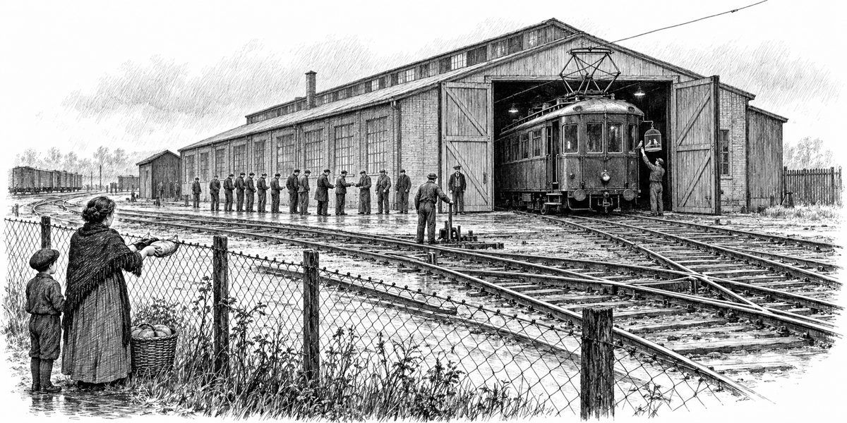 A gray morning in a railway yard with rain coming, seen from outside a wire fence across a wide yard of wet ballast and a ladder of tracks: a long repair shed with its big doors open, and in the doorway an old green railcar with its pantogr