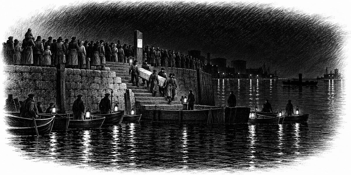 Dark quay seen from the water: wide stone steps going down to black water, a dense silent crowd along the quay above them, six men carrying a long linen-draped board down the steps to a flat barge, a line of small boats with lamps in the fo