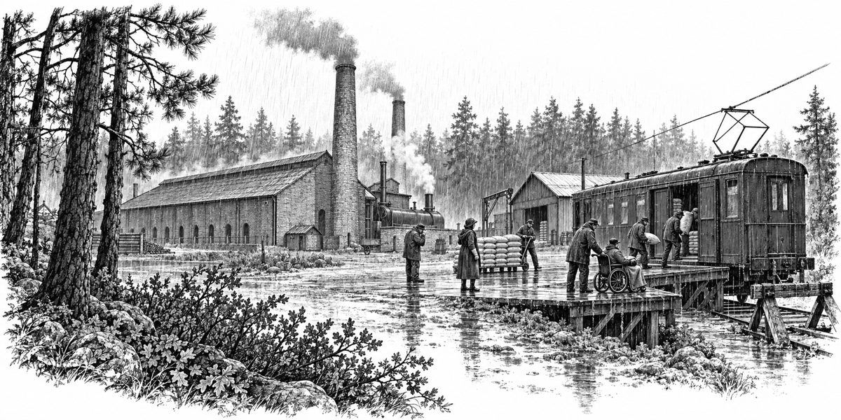 Wide view of a small industrial clearing in pine forest in steady rain: a long brick kiln house with chimneys putting blue smoke into the rain, a steam plant and a store beside it; a short siding running to a loading dock where an old green