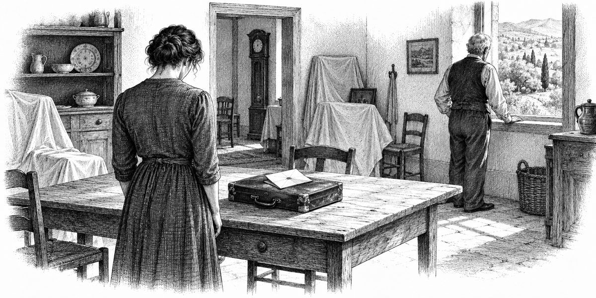 Interior of the kitchen seen across the table: a closed work case of soft brown leather with brass corners and worn gold initials on its lid, a folded yellowed letter lying on top; a man at the window with his back half turned; a woman at t